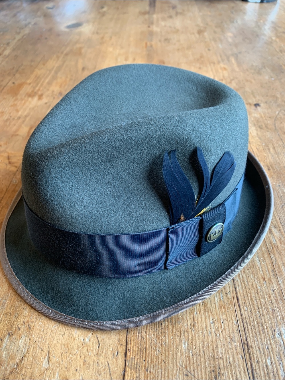 Goorin Bros Olive Green Wool Fedora with Black Band and Feather